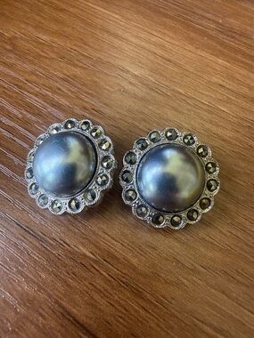Vintage Style Round Faux GunMetal Pearl Clip-On Earrings w/Rhinestones